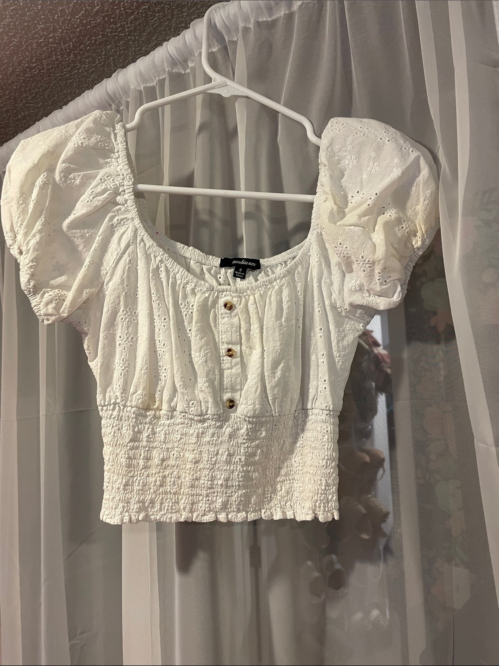 Ambience White Eyelet Puff-Sleeve Smocked Crop Top